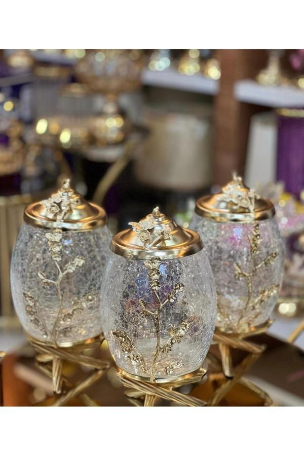 Azade Home Gold Pirinç Çok Çiçek Ayaklı Silindir 3’Lü Kavanoz Set - Image 1