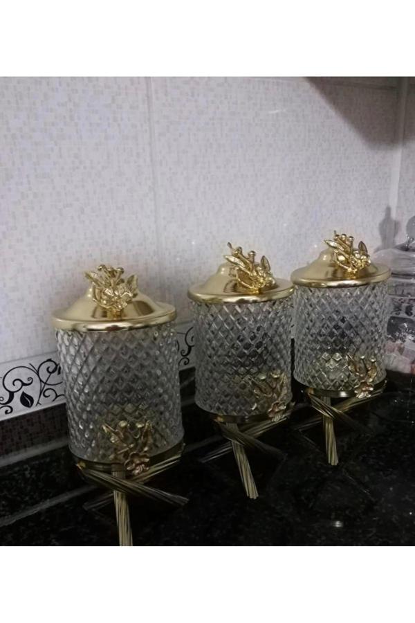 Azade Home Gold Pirinç Japongül Kristal Cam Kavanoz 3’Lü Set - Image 1