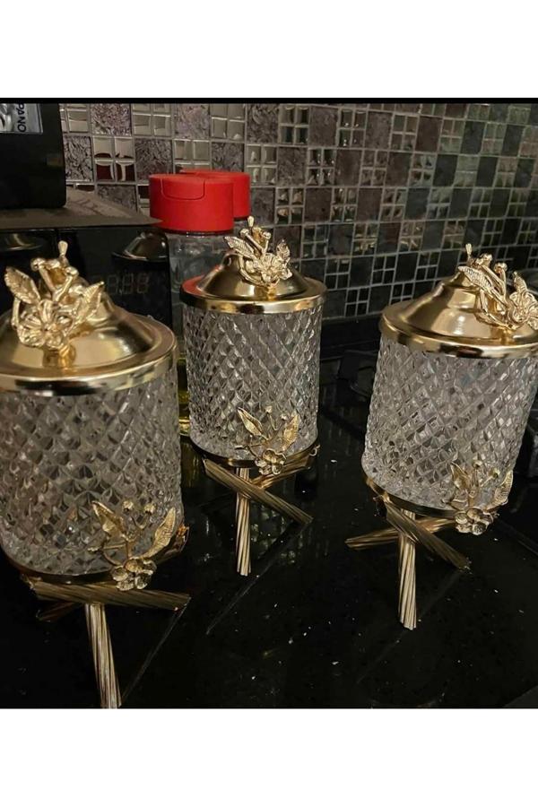Azade Home Gold Pirinç Japongül Kristal Cam Kavanoz 3’Lü Set - Image 1