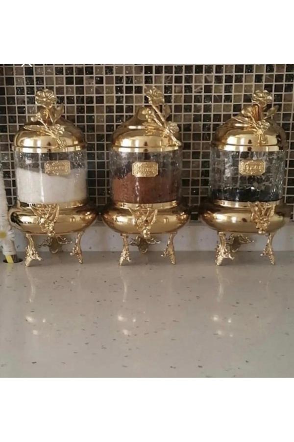 Azade Home Gold Pirinç Japongül Lüx Kavanoz 3’Lü Set - Image 1