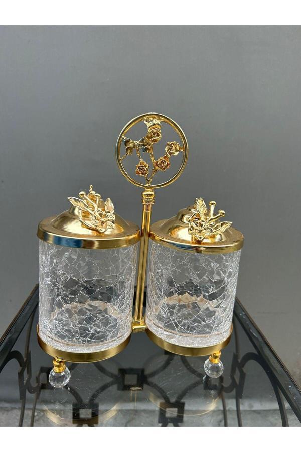 Azade Home Gold Renk 2’Li Çatlak Kavanoz Taş Ayaklı - Image 1