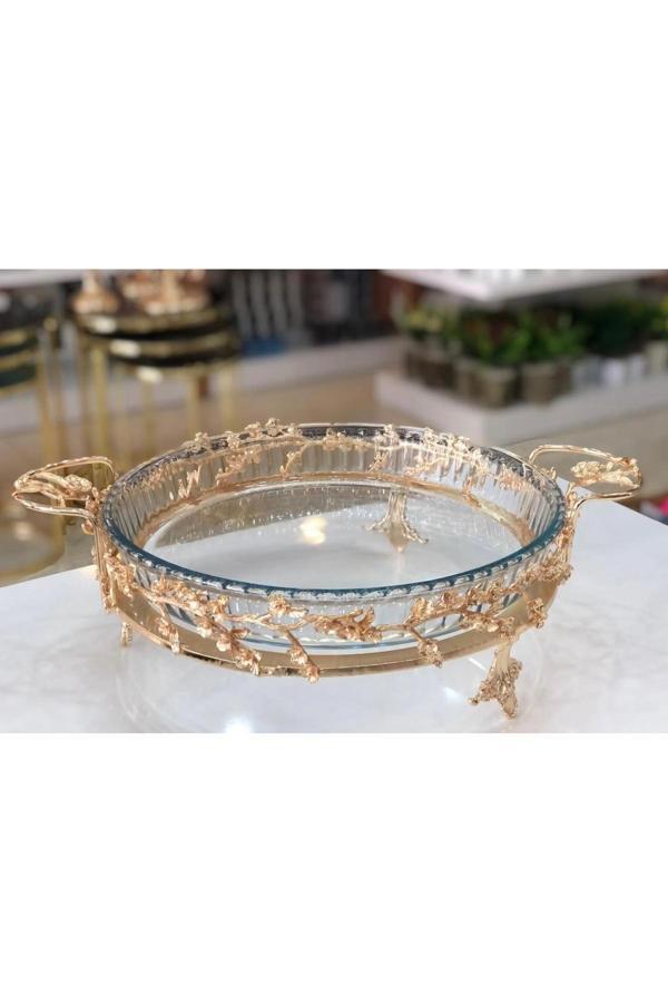 Azade Home Gold Komple Pirinç Japongül Yuvarlak Borcam Cam Sunumluk - Image 1