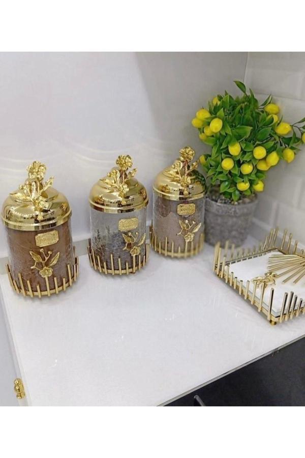 Azade Home Pirinç Japongül Çubuk Lüx Kavanoz 3’Lü Set - Image 1