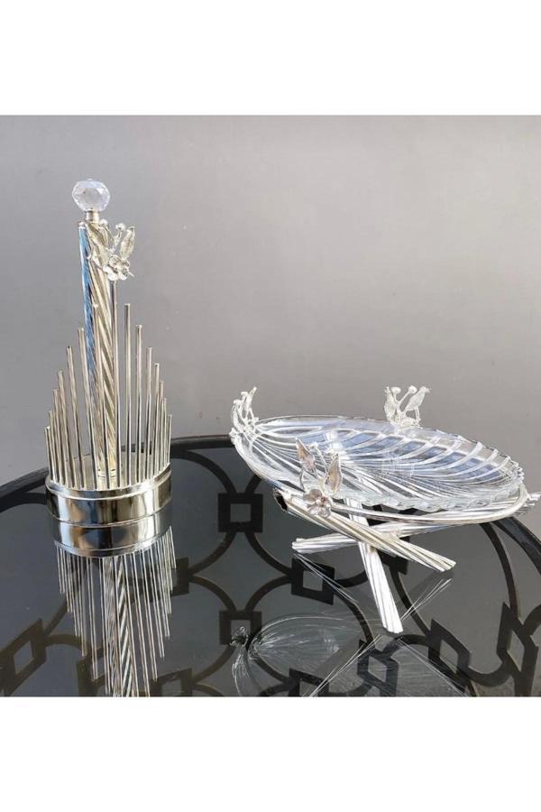 Azade Home Gümüş Pirinç Japongül Tekli Cam Sunum Ve Çubuk Rulo 2’Li Set - Image 1