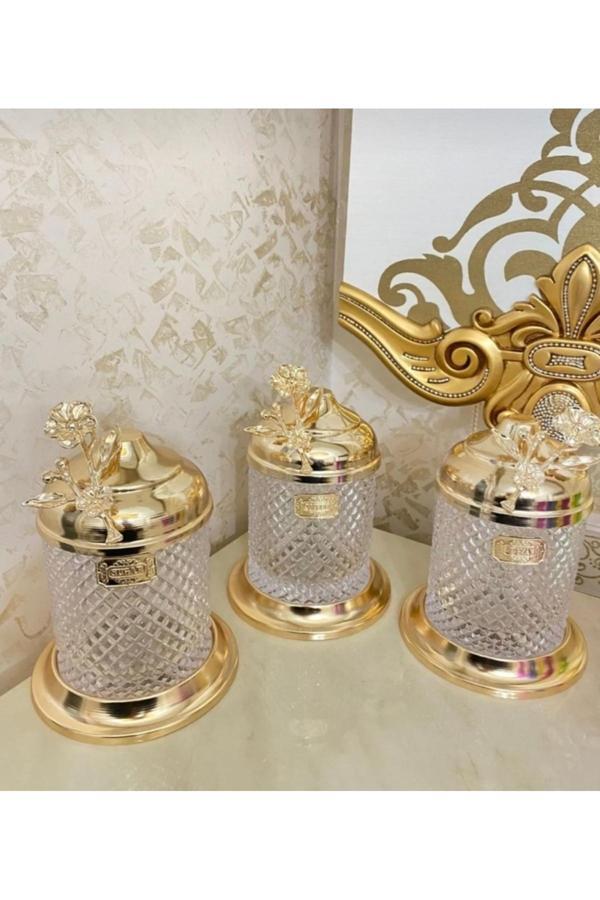 Azade Home Gold Pirinç Japongülayaksız Kristal Kavanoz 3’Lü Set - Image 1