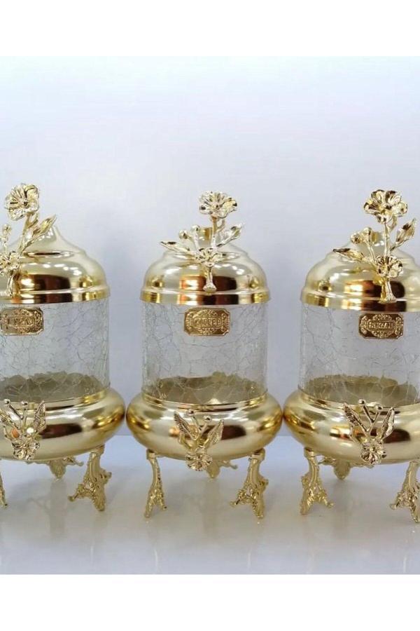 Azade Home Gold Pirinç Japongül Lüx Kavanoz 3’Lü Set - Image 1