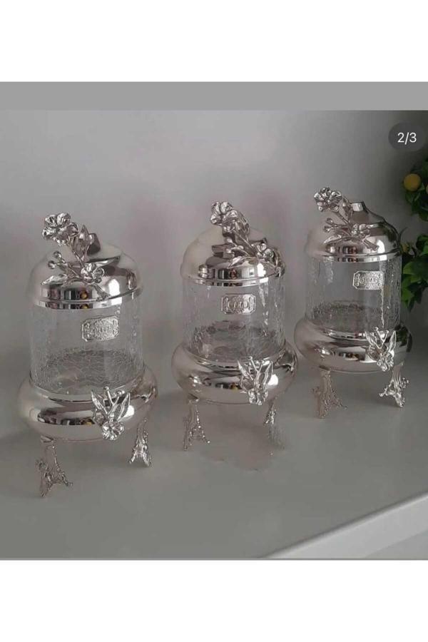 Azade Home Gümüş Pirinç Japongül Lüx Kavanoz 3’Lü Set - Image 1