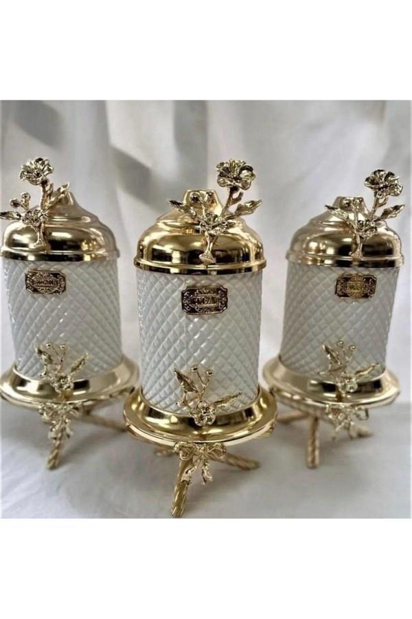 Azade Home Gold Pirinç Japongül Ayaklı Lüx Kristal Beyaz Cam Kavanoz 3’Lü Set - Image 1