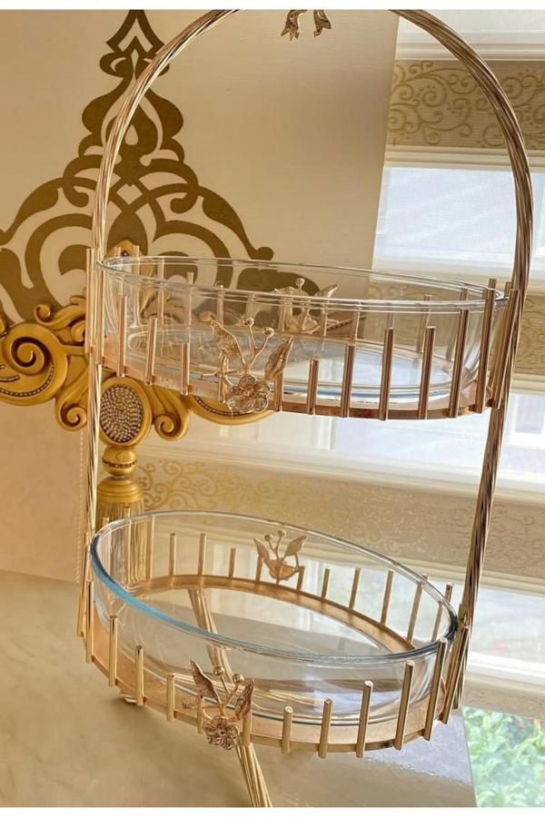 Azade Home Gold Pirinç Japongül Çubuk İki Katlı Oval Borcam Cam Sunumluk - Image 1