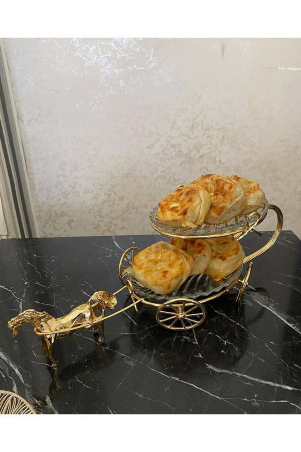 Azade Home Gold Pirinç Atlı İki Katlı Cam Sunum - Image 1