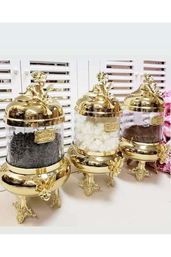 Azade Home Gold Pirinç Japongül Lüx Kavanoz 3’Lü Set - Image 1