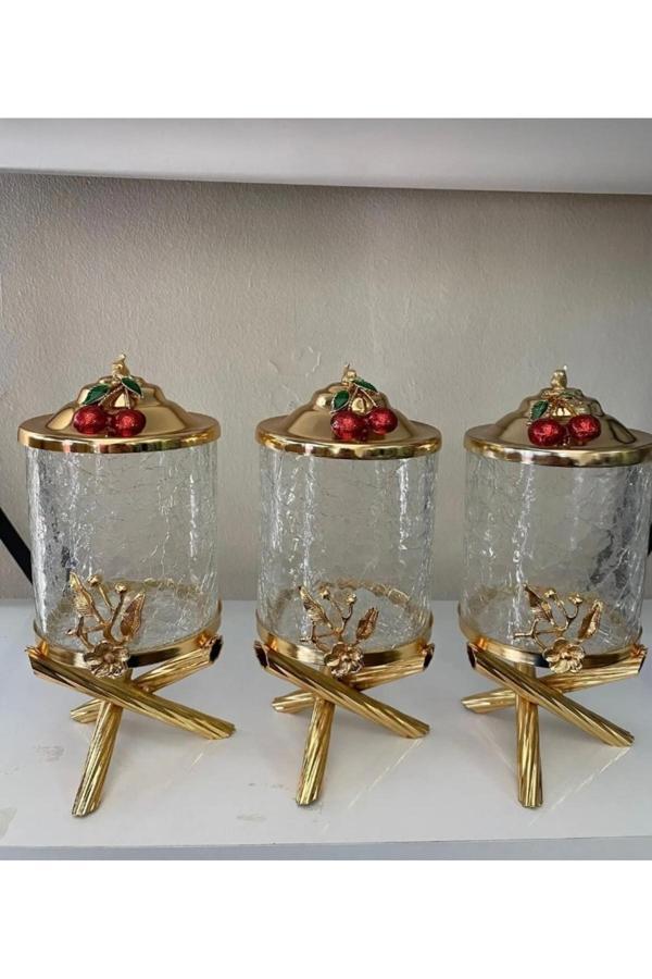 Azade Home Gold Pirinç Kirazlı Çatlak Cam Kavanoz 3’Lü Set - Image 1