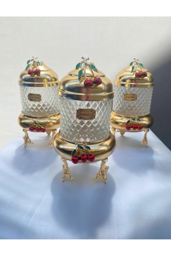 Azade Home Gold Pirinç Kirazlı Lüx Çatlak Cam 3’Lü Kavanoz - Image 1