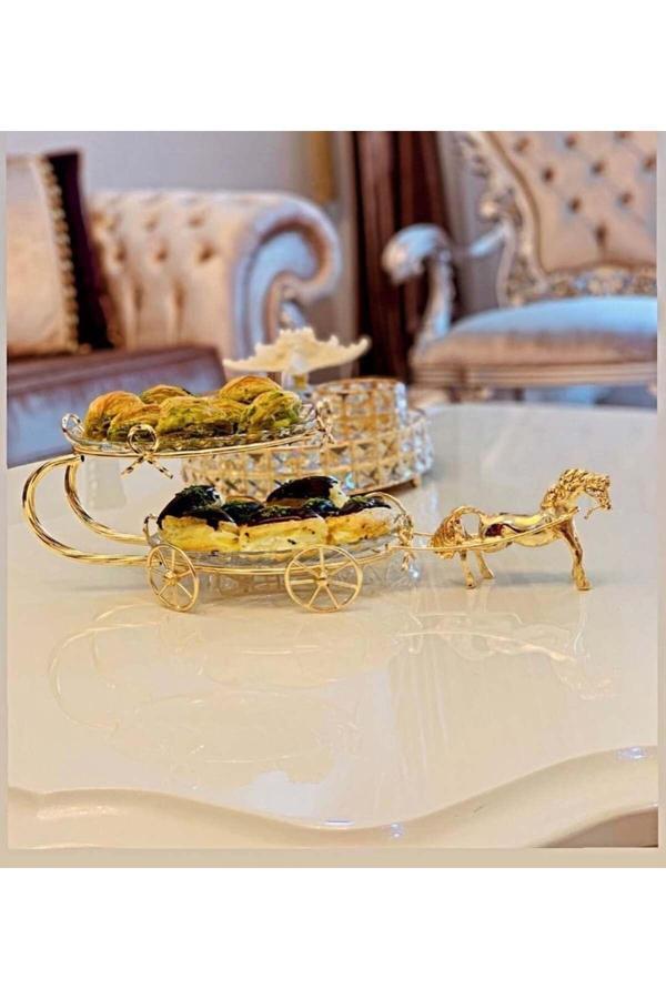Azade Home Gold Pirinç Atlı İki Katlı Cam Sunum - Image 1