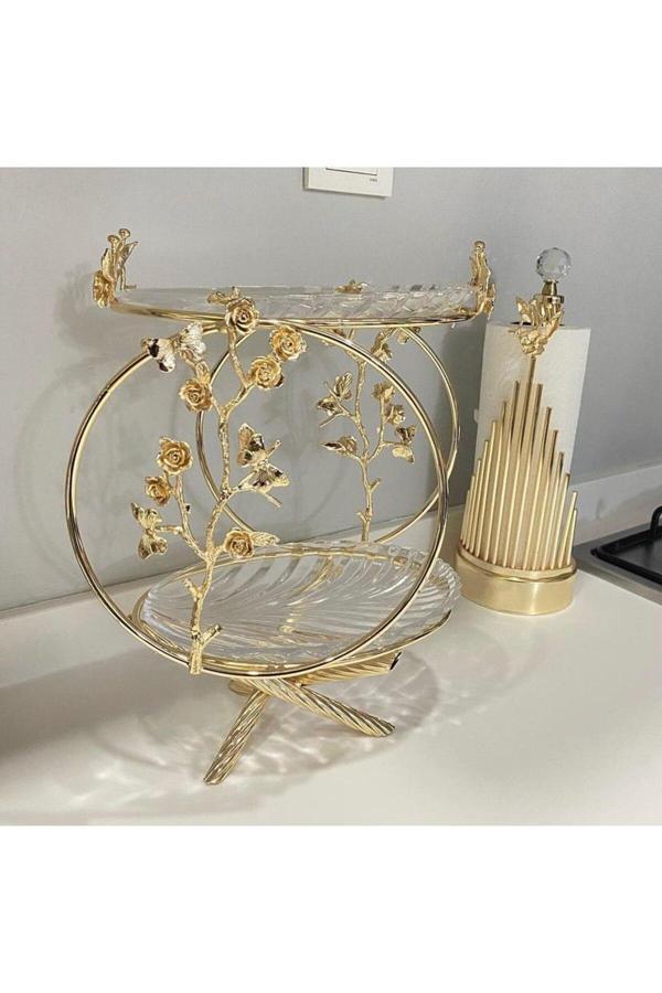 Azade Home Gold Pirinç Çok Çiçek Dünya İki Katlı Cam Sunumluk Ve Çubuk Rulo - Image 1