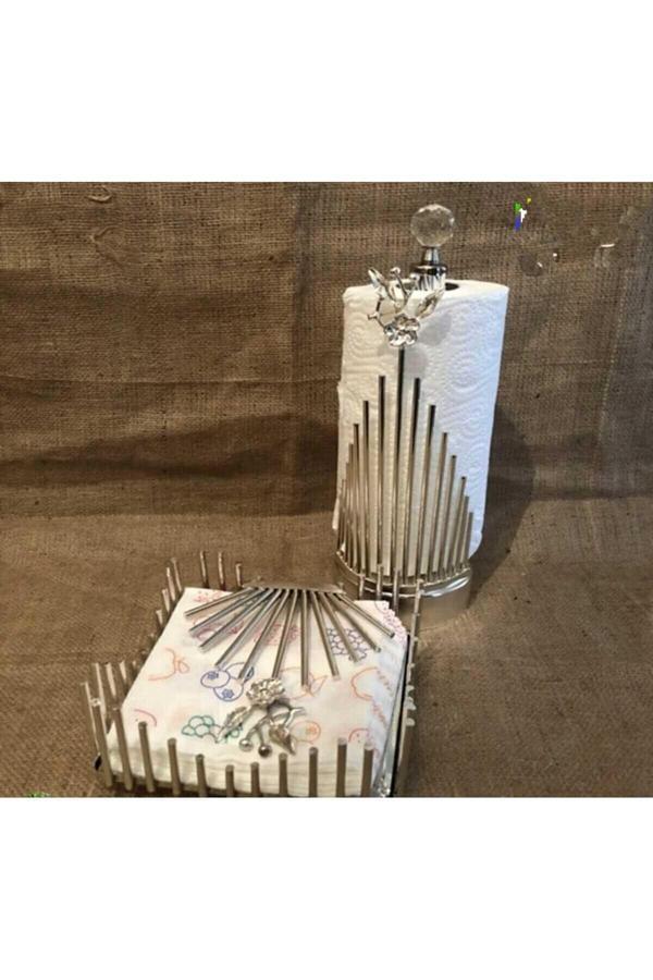 Azade Home Gümüş Pirinç Japongül Çubuk Rulo Ve Çubuk Kare Peçete 2’Set - Image 1