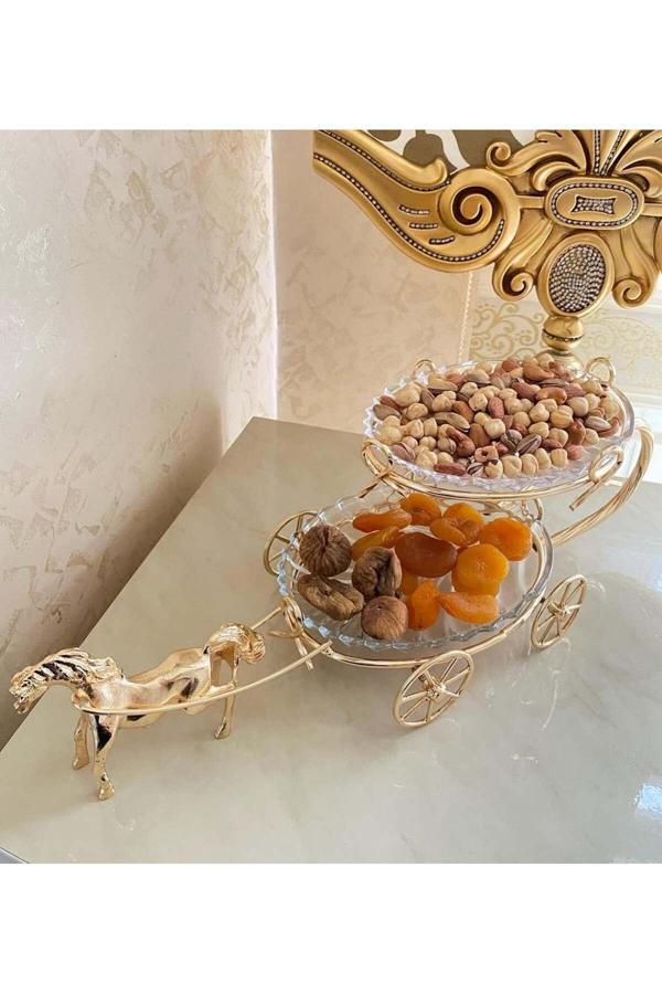 Azade Home Gold Pirinç Atlı İki Katlı Cam Sunum - Image 1
