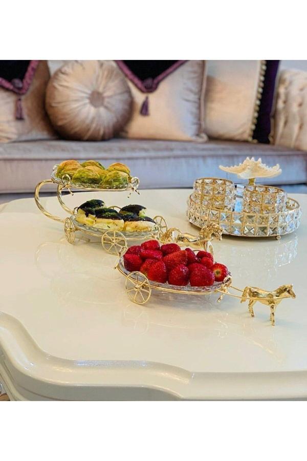 Azade Home Gold Pirinç Atlı İki Katlı Cam Sunum Ve Atlı Tekli Cam Sunum İkili Set - Image 1