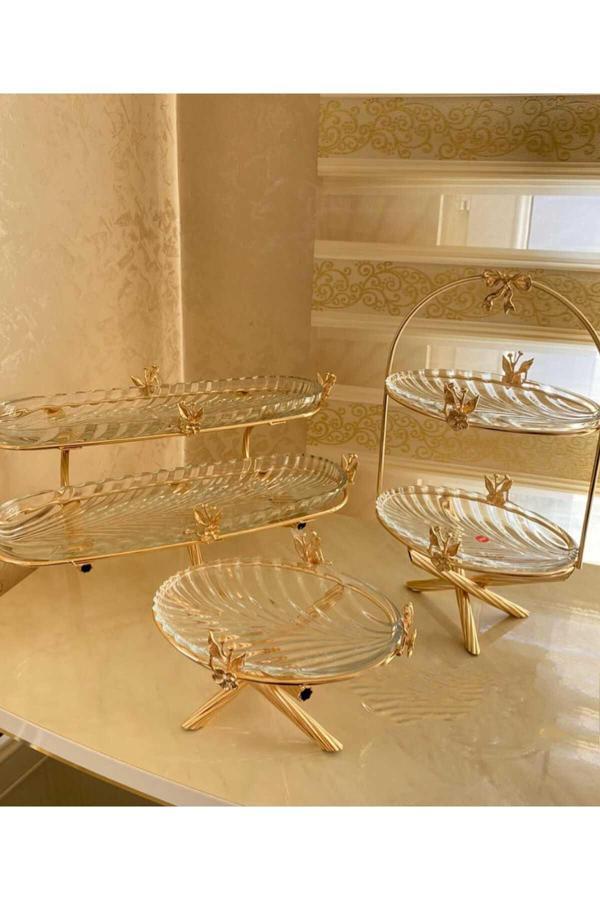 Azade Home Gold Japongül İki Katlı Kahvaltılık, İki Katlı Cam Sunum Ve Tekli Cam Sunum 3’Lü Set - Image 1