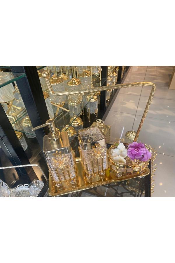 Azade Home Gold Pirinç Japongül Standlı Kare 4’Lü Mutfak Set - Image 1