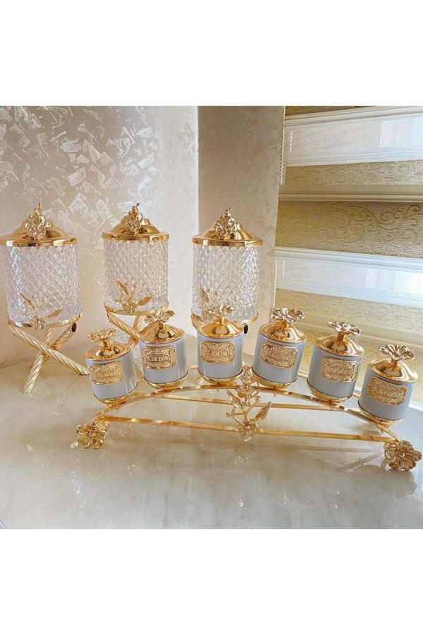 Azade Home Pirinç Japongül Mini Kristal 3’Lü Kavanoz Set Ve Uzun 6’Lı Porselen Baharatlık 2’Li Set - Image 1
