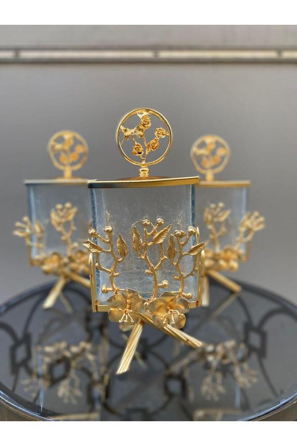 Azade Home Gold Pirinç Tomurcuk Çiçek Kare Kavanoz 3’Lü Set - Image 1