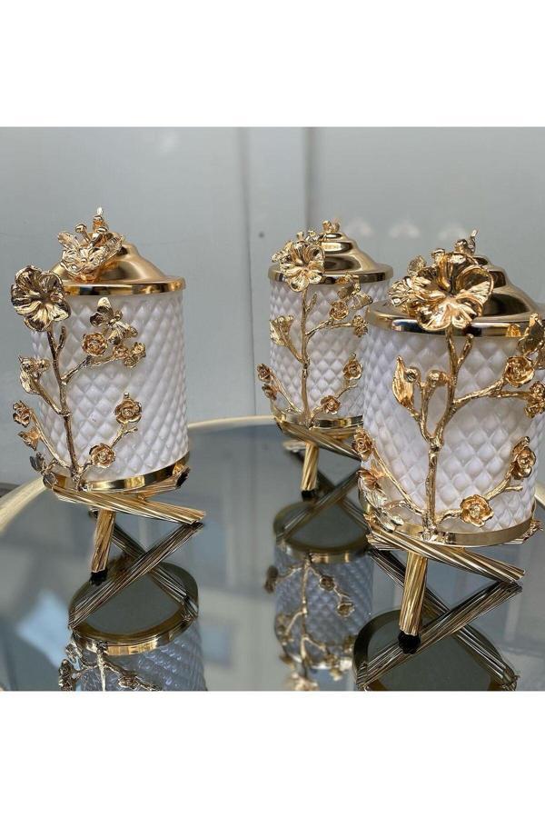 Azade Home Gold Pirinç Japongül Kristal Siyah Cam Kavanoz 3’Lü Set - Image 1