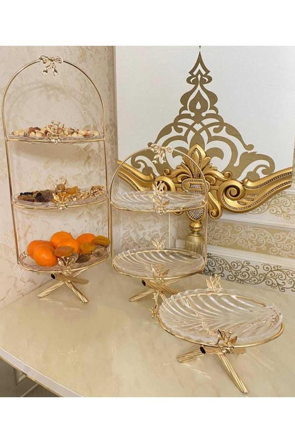 Azade Home Gold Pirinç Japongül Üç Katlı Cam Sunum, İki Katlı Cam Sunum Ve Tekli Cam Sunum 3’Lü Set - Image 1