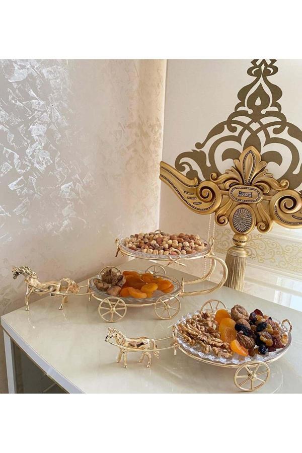 Azade Home Gold Pirinç Atlı İki Katlı Cam Sunum Ve Atlı Tekli Cam Sunum İkili Set - Image 1