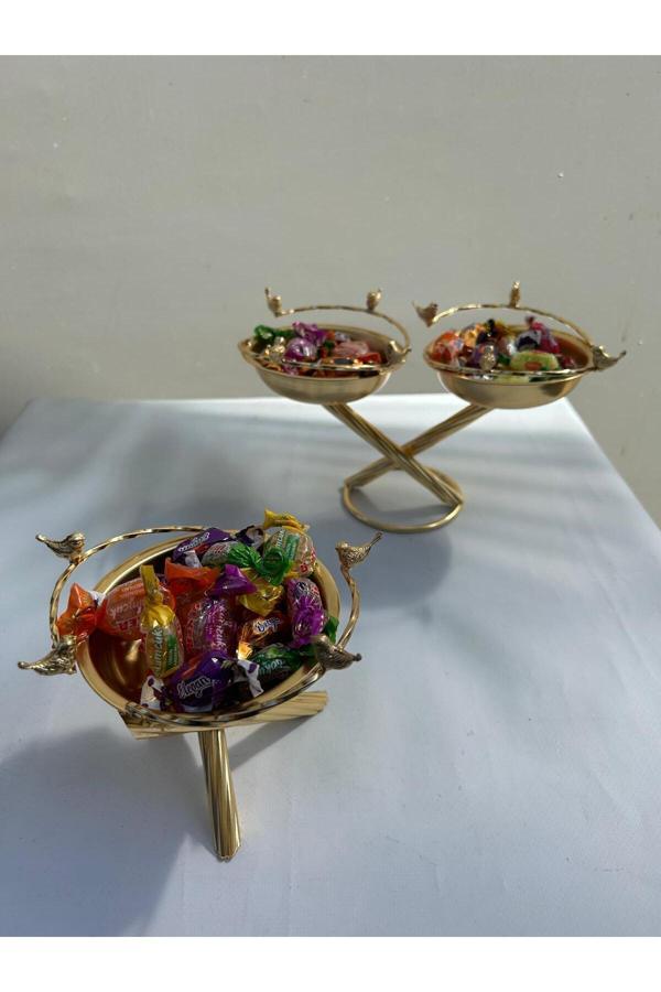 Azade Home İkili Şekerlik Set Kuşlu Gold - Image 1