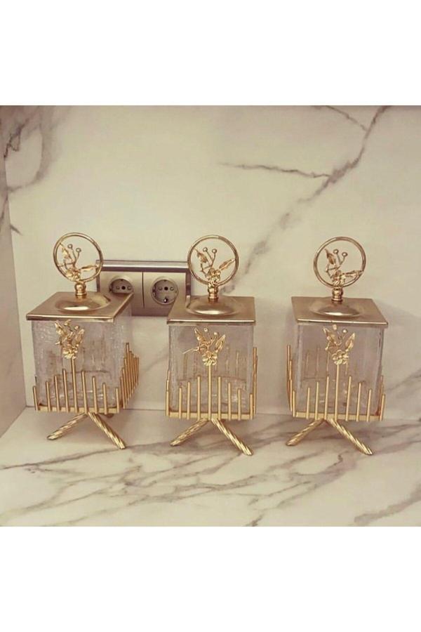 Azade Home Gold Pirinç Japongül Çubuk Kare Kavanoz 3’Lü Set - Image 1