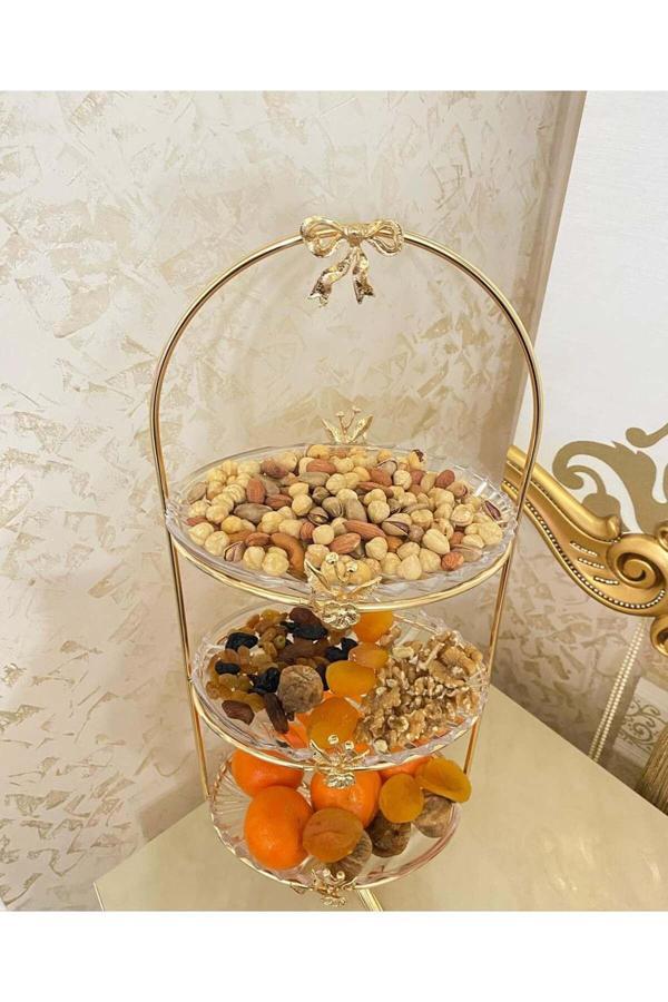 Azade Home Gold Pirinç Japongül Üç Katlı Cam Sunumluk - Image 1