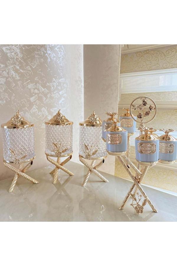 Azade Home Gold Pirinç Japongül Mini Kristal 3’Lü Kavanoz Ve Zikzak 6’Lı Porselen Baharatlık 2’Li Set - Image 1