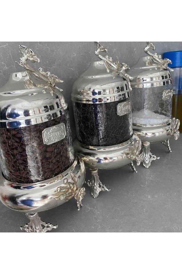 Azade Home Gümüş Pirinç Japongül Kavanoz 3’Lü Set - Image 1
