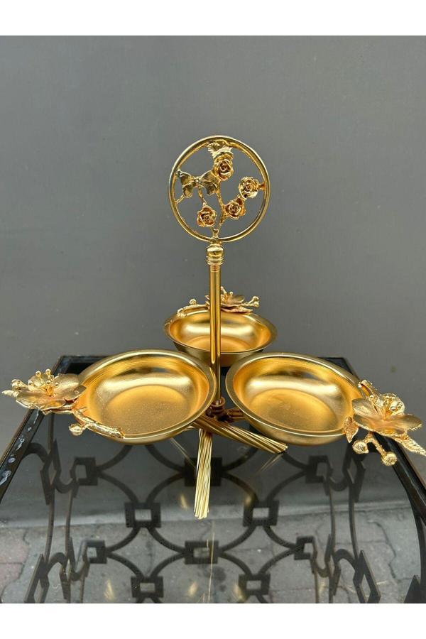 Azade Home Gold Pirinç Tomurcuk Çiçek 3’Lü Çerezlik, 2’Li Çerezlik Ve Tekli Çerezlik 3’Lü Set - Image 1