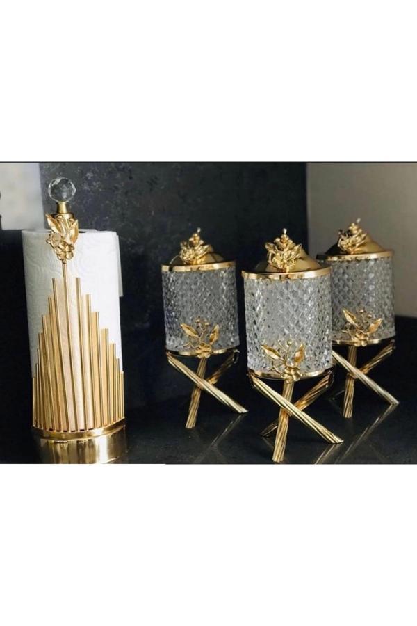 Azade Home Pirinç Japongül Mini Kristal 3’Lü Kavanoz Ve Çubuk Rulo 2’Li Set - Image 1