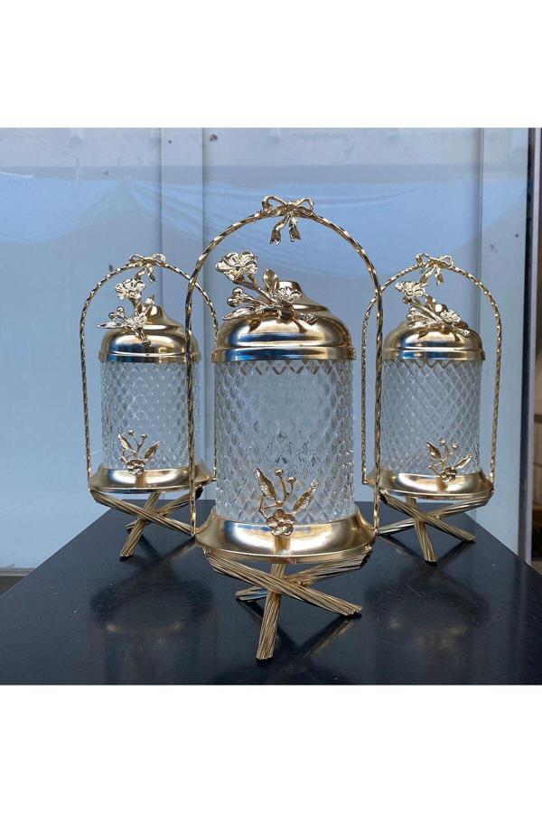 Azade Home Kulplu Sepet Model Ayaklı Kristal Kavanoz Takımı Gold - Image 1