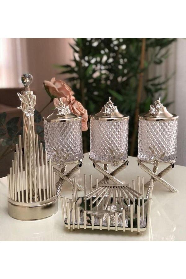 Azade Home Gümüş Renk Mutfak Set-Kavanoz Takımı Ve Peçetelik Set - Image 1