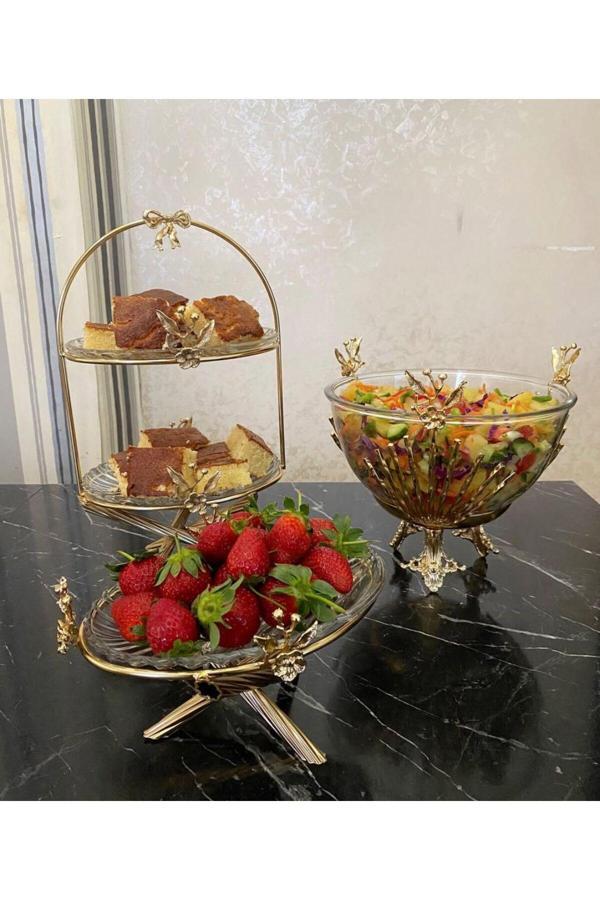 Azade Home Japongül Salata Kasesi, Japongül İki Katlı Cam Sunum Ve Tekli Cam Sunum Üçlü Set - Image 1