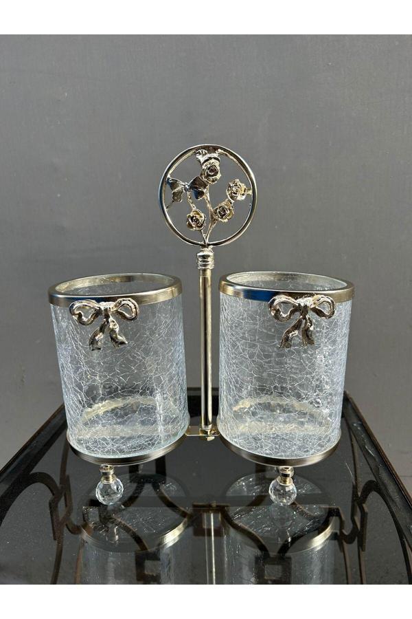 Azade Home Gümüş 2’Li Kurdeleli Kristal Ayak Cam Kaşıklık - Image 1