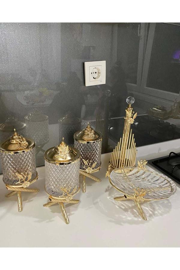 Azade Home Pirinç Japongül 3’Lü Kavanoz, Çubuk Rulo Ve Tekli Cam Sunum 3’Lü Set - Image 1