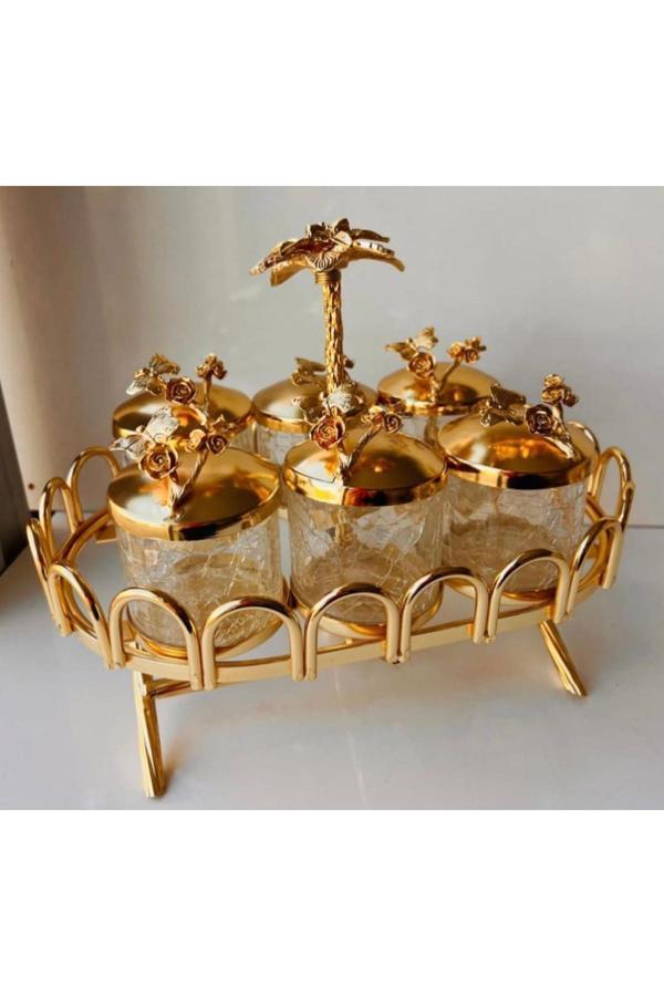Azade Home Gold Pirinç Palmiye Çatlak Cam 6’Lı Baharatlık - Image 1