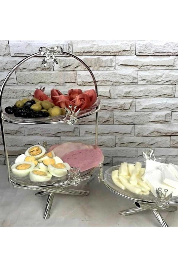 Azade Home Gümüş Japongül İki Katlı Cam Sunum Ve Tekli Cam Sunum İkili Set - Image 1