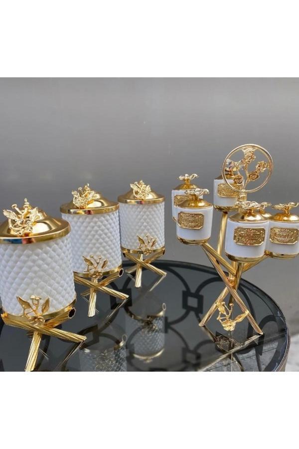 Azade Home Gold Pirinç Mini Kristal Beyaz Cam 3’Lü Kavanoz Ve Zikzak 6’Lı Porselen Baharatlık 2’Lı Set - Image 1