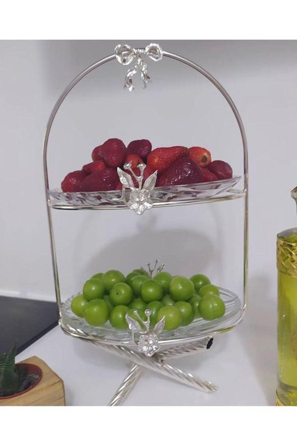 Azade Home Gümüş Japongül Pirinç İki Katlı Cam Sunum - Image 1