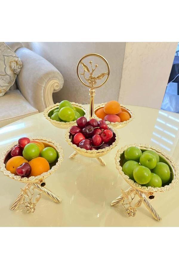 Azade Home Gold Pirinç Çok Çiçek 3’Lü Çerezlik Ve Tekli Çerezlik 2 Adet 3’Lü Set - Image 1