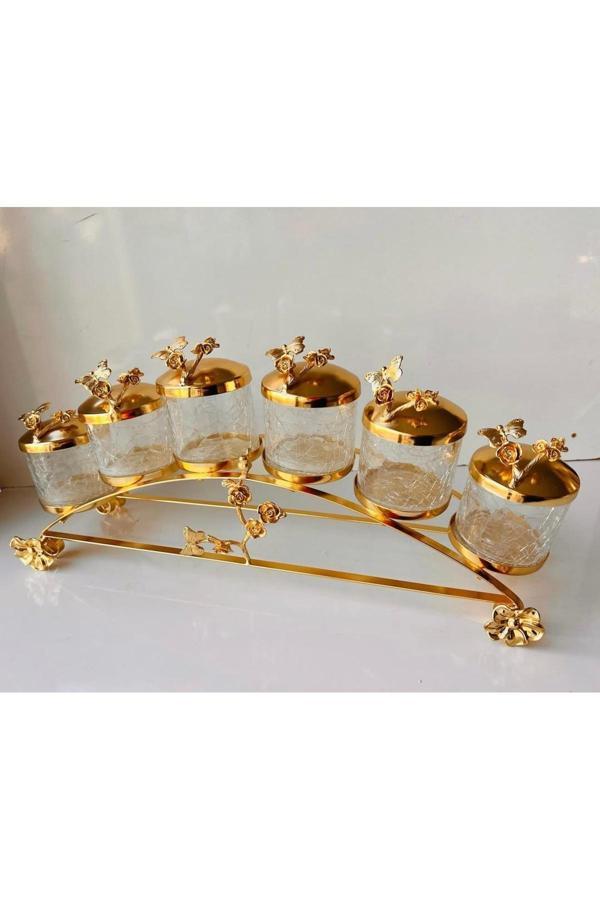 Azade Home Gold Pirinç Japongül Uzun Midi Çatlak Cam 6’Lı Baharatlık - Image 1
