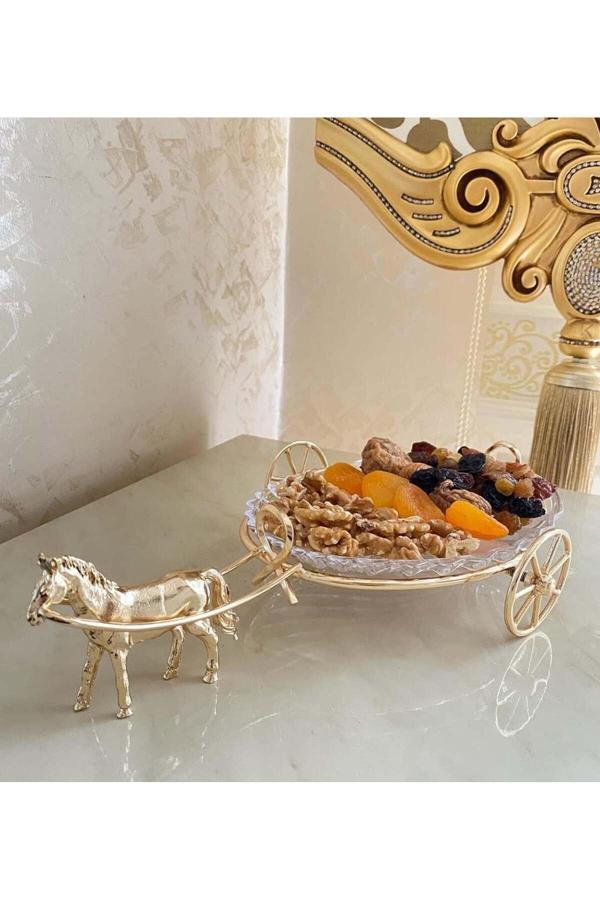 Azade Home Gold Pirinç Atlı Tekli Cam Sunum - Image 1