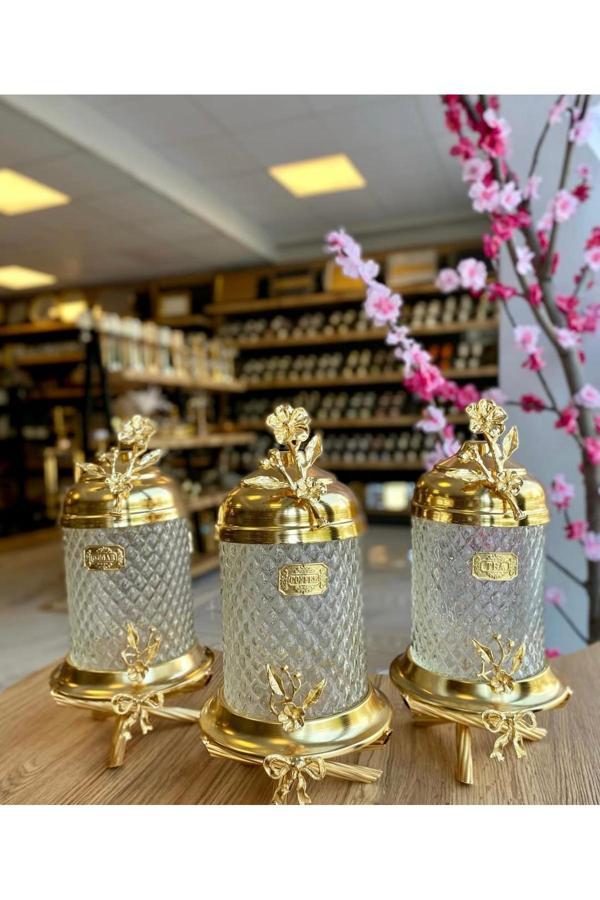 Azade Home Gold Pirinç Ayaklı Lüx Kristal Kavanoz 3’Lü Set - Image 1