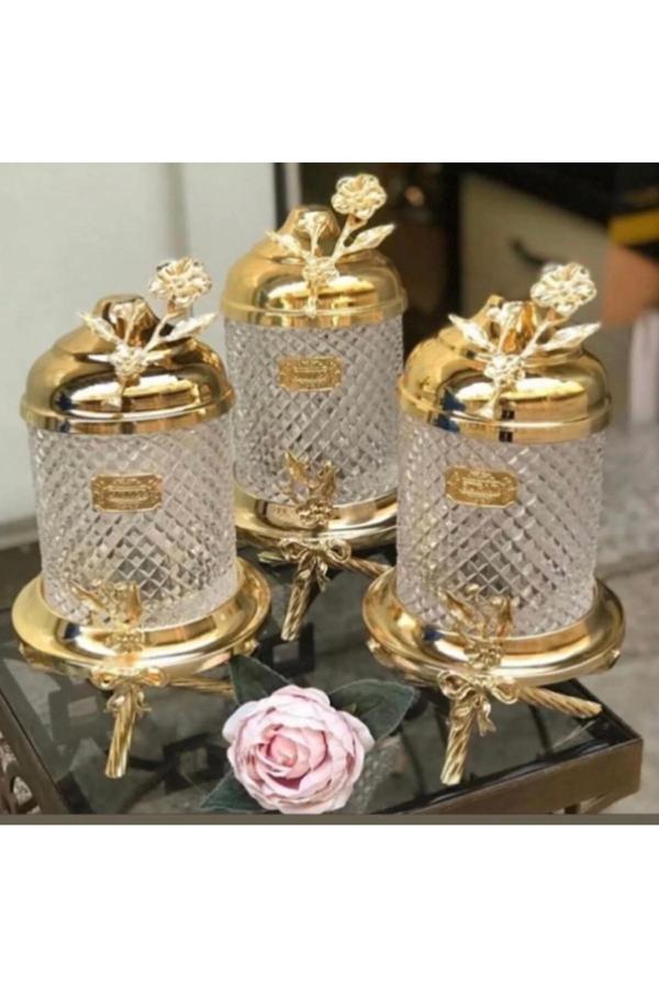 Azade Home Gold Pirinç Ayaklı Lüx Kristal Kavanoz 3’Lü Set - Image 1